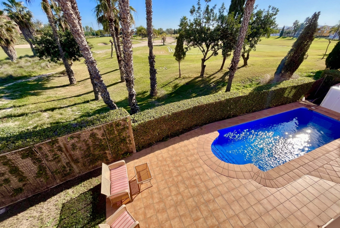 Private swimming pool and garden with golf views at Mar Menor Golf Resort villa by Levante Properties