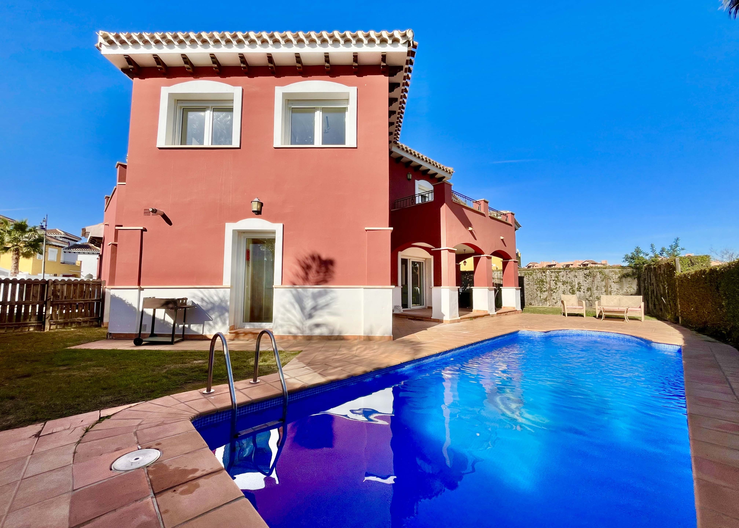 Private swimming pool and garden with golf views at Mar Menor Golf Resort villa by Levante Properties