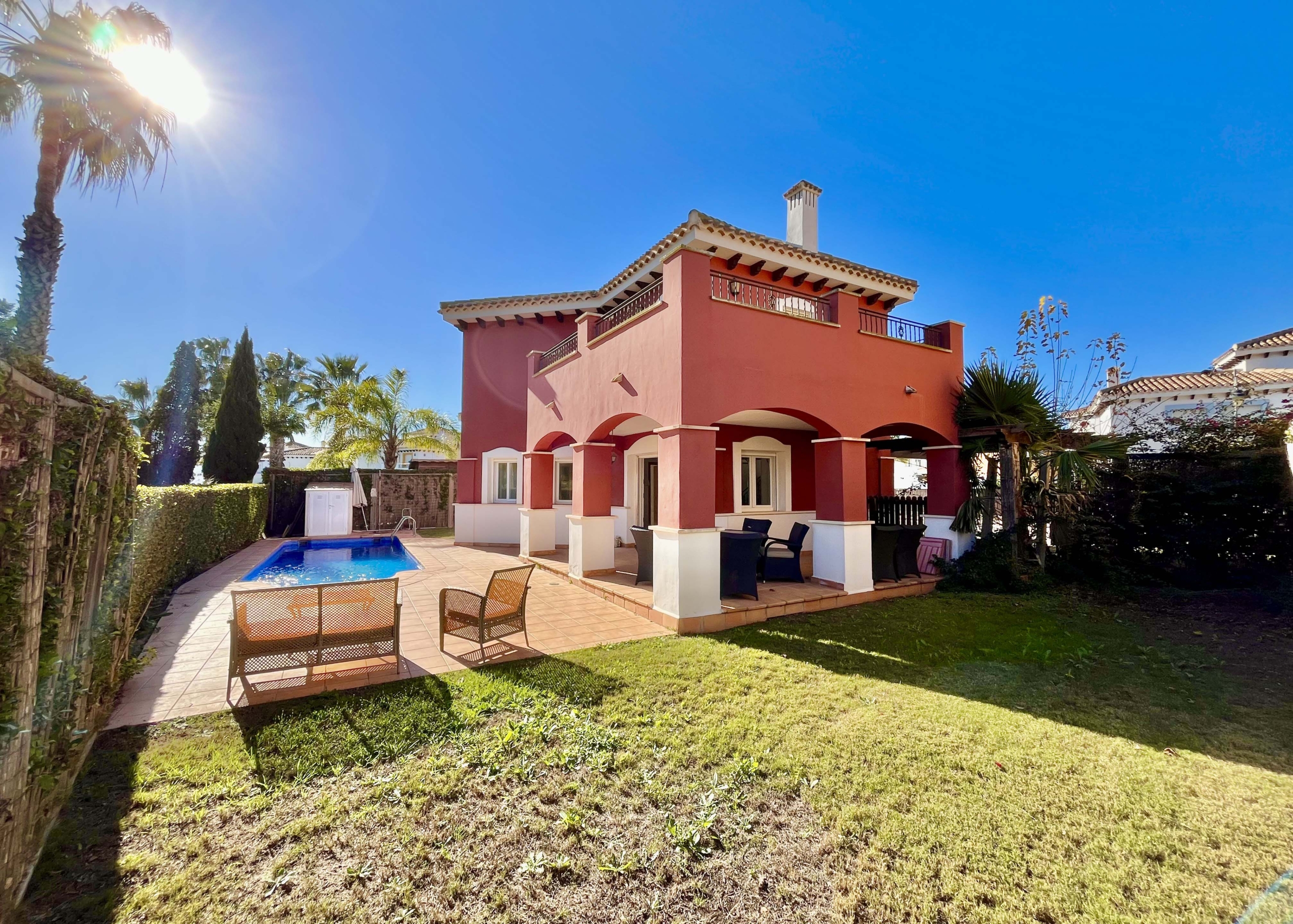Private swimming pool and garden with golf views at Mar Menor Golf Resort villa by Levante Properties