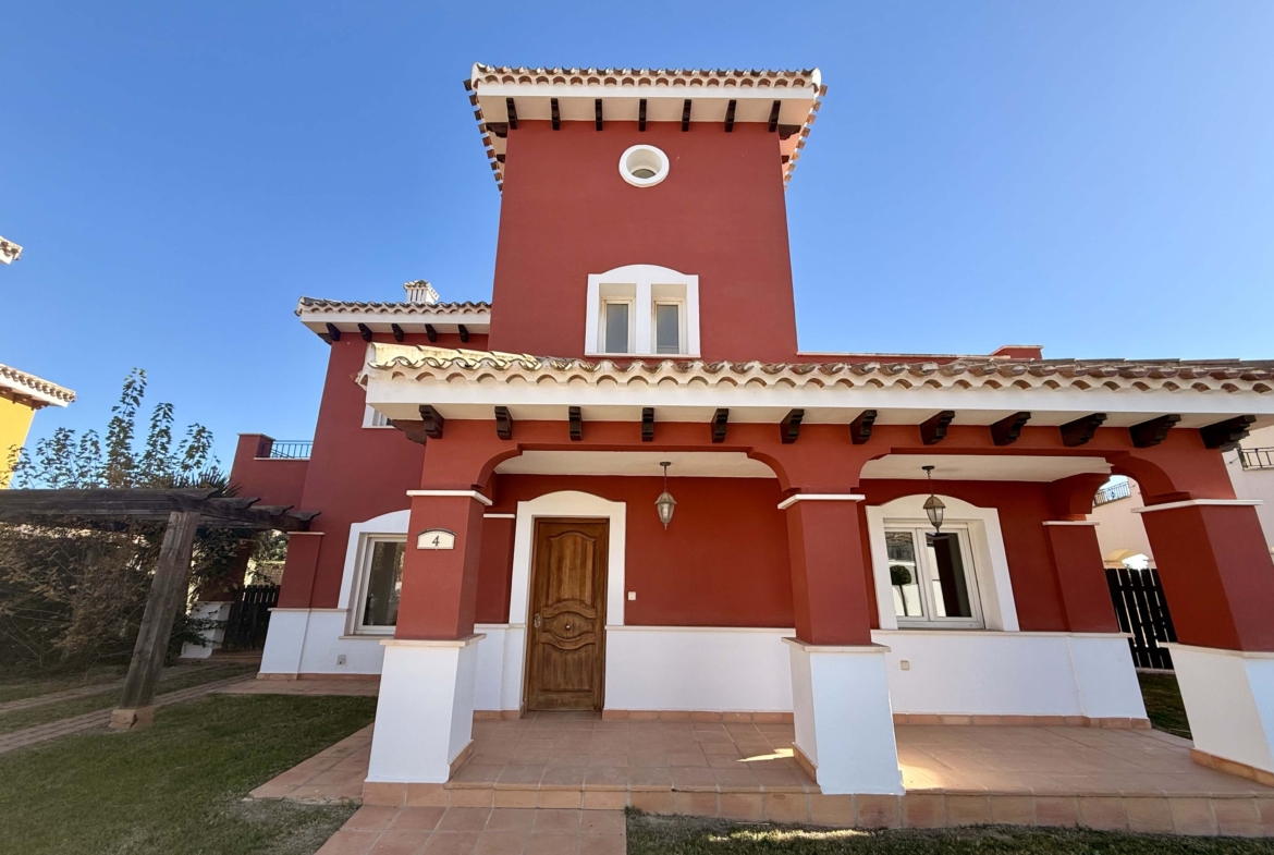 Front exterior of a 4-bedroom villa with private pool on Mar Menor Golf Resort by Levante Properties
