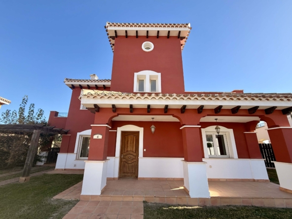 Front exterior of a 4-bedroom villa with private pool on Mar Menor Golf Resort by Levante Properties