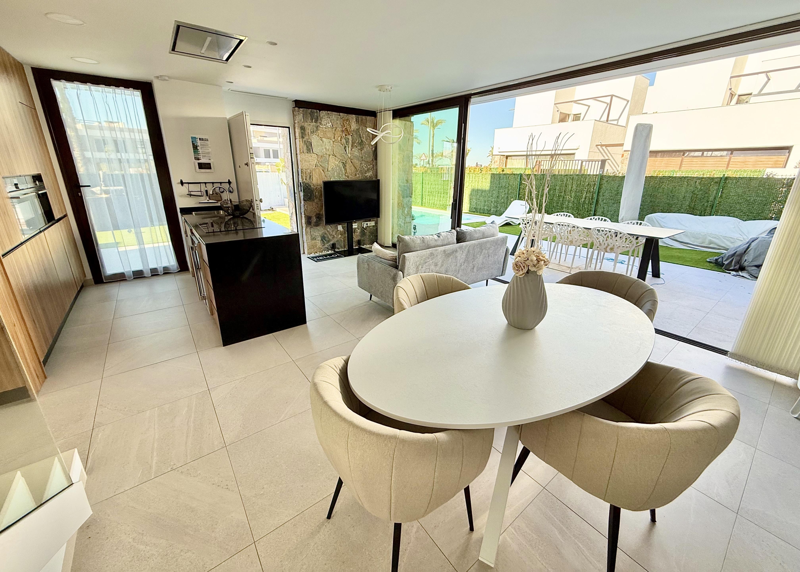 Open-plan living and dining area of Lavanda villa in Santa Rosalia by Levante Properties