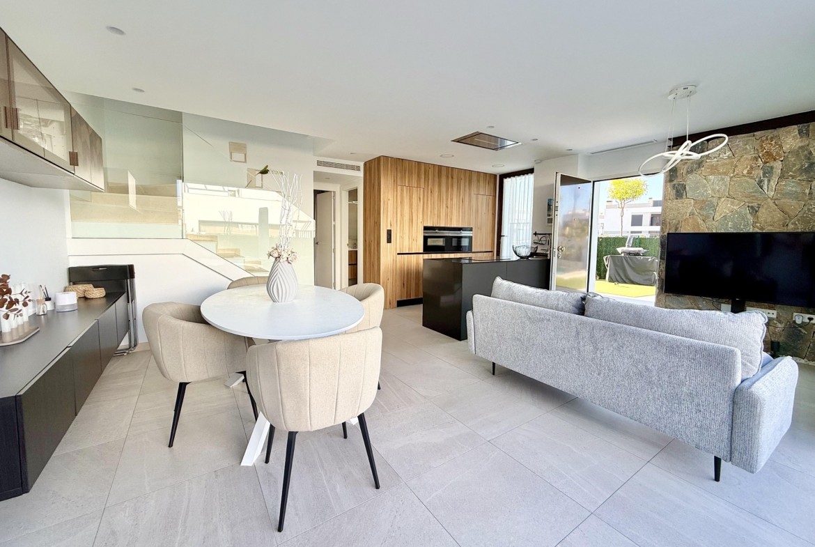 Open-plan living and dining area of Lavanda villa in Santa Rosalia by Levante Properties