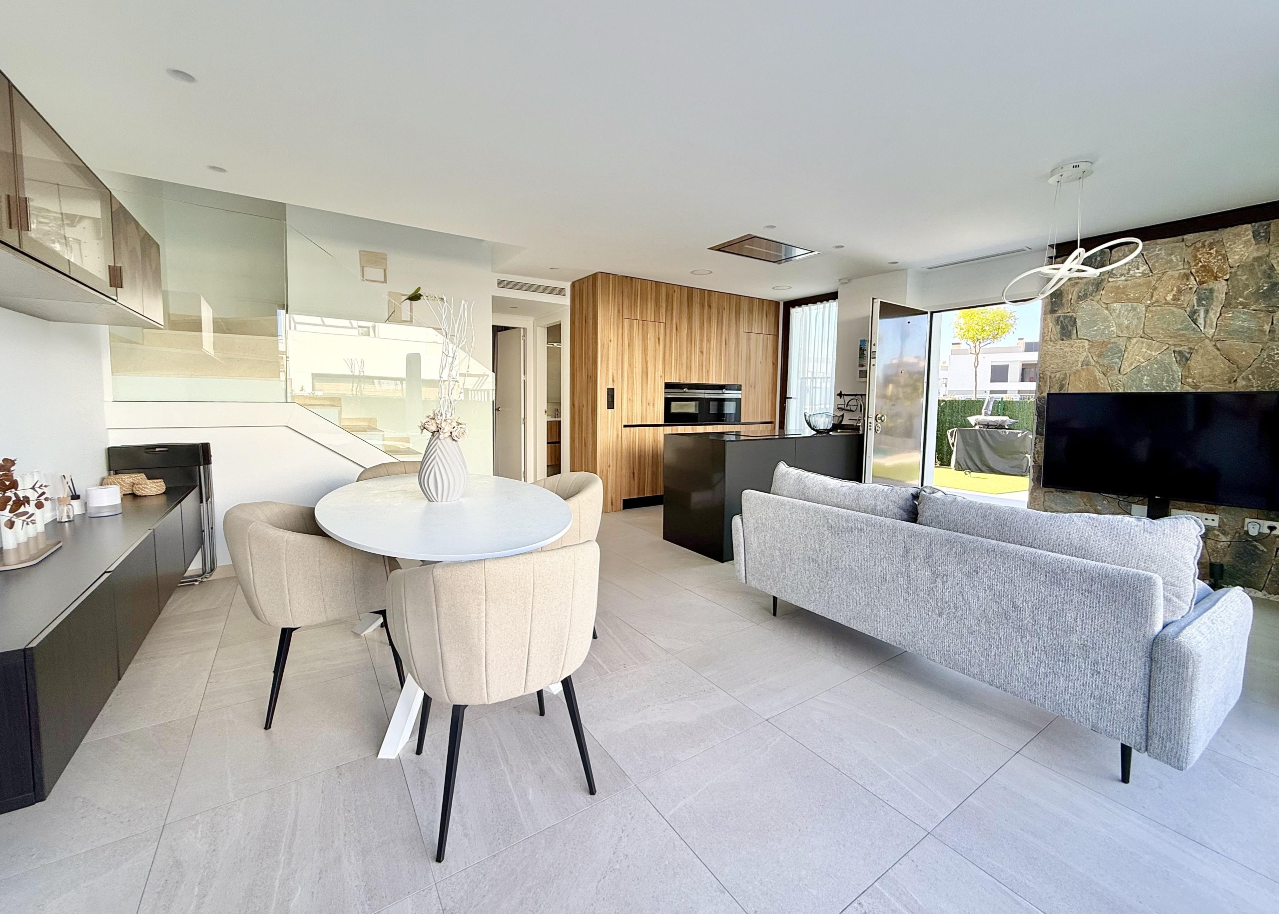 Open-plan living and dining area of Lavanda villa in Santa Rosalia by Levante Properties