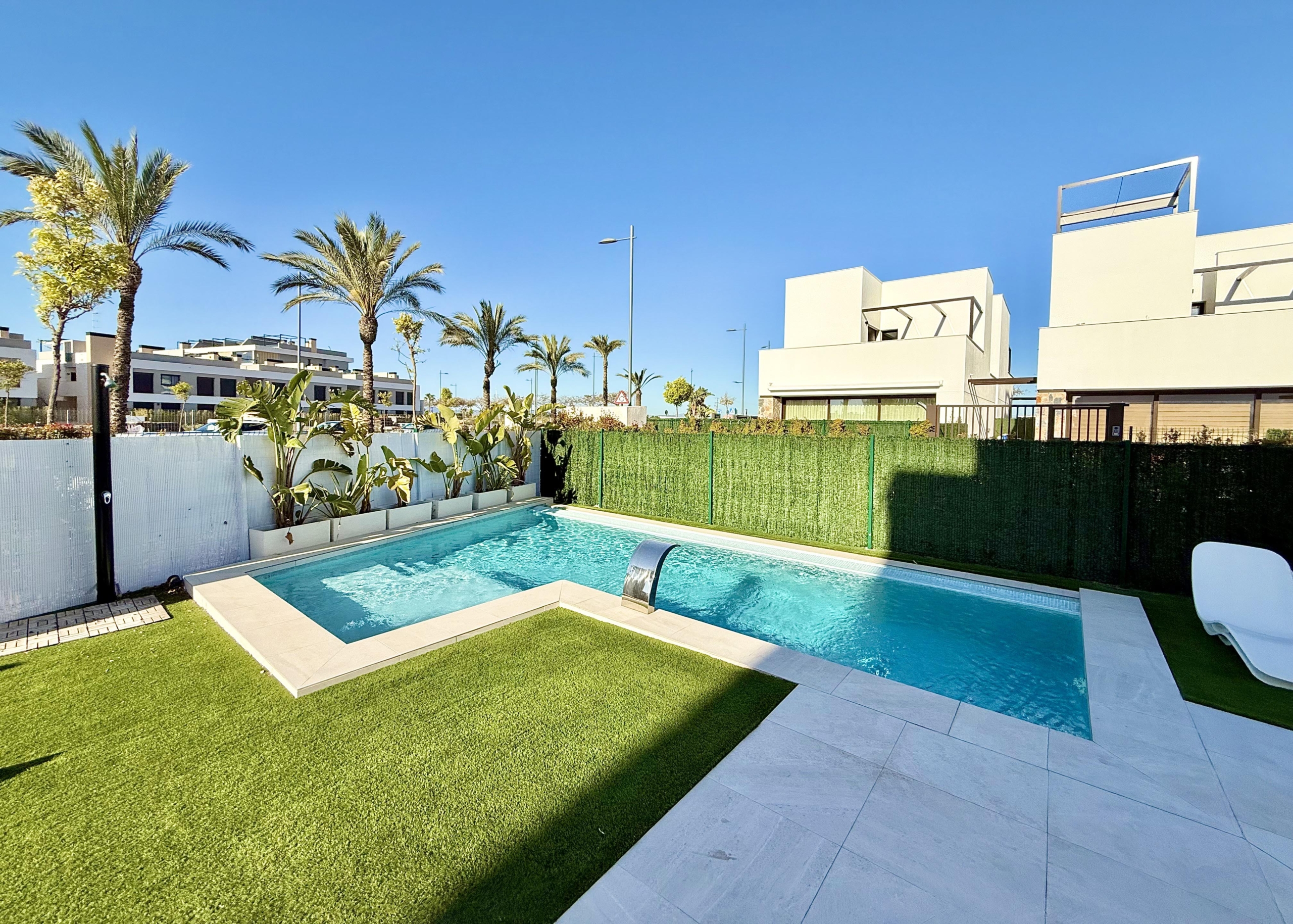Private swimming pool and landscaped garden of Lavanda villa at Santa Rosalia by Levante Properties