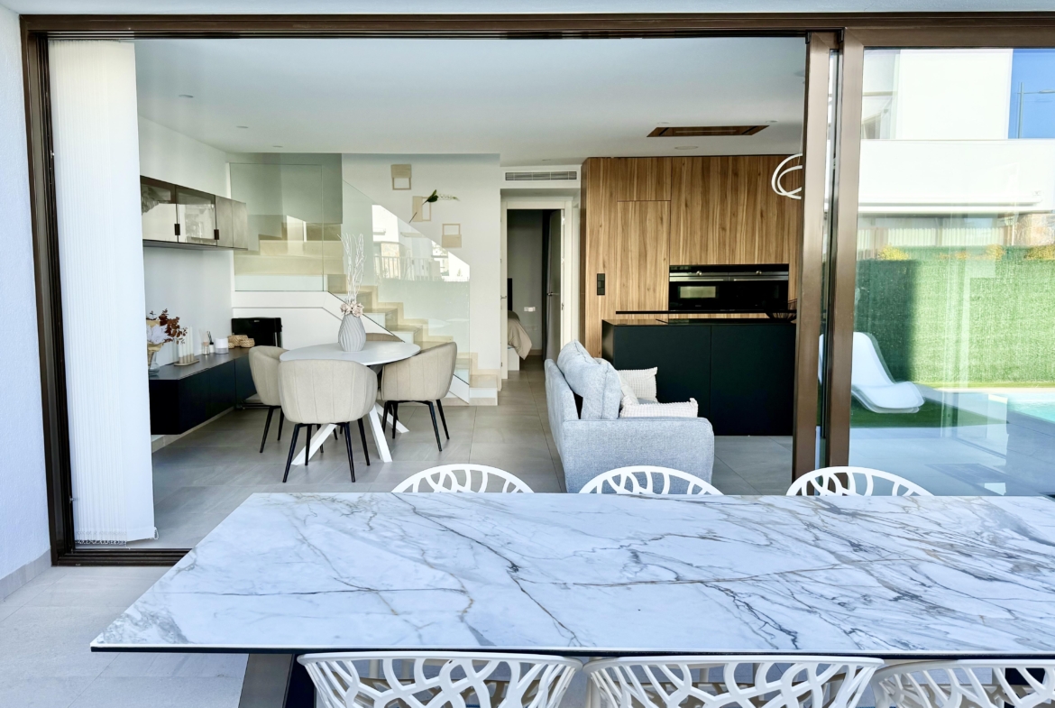 Open-plan living and dining area of Lavanda villa in Santa Rosalia by Levante Properties