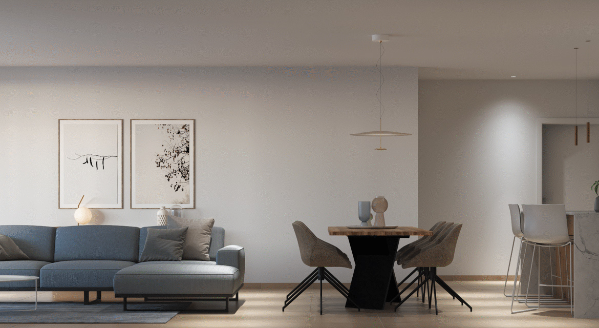 Modern open-plan living area in Levante Properties new villa at Mar Menor Golf Resort