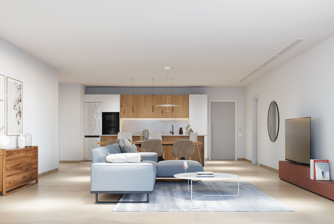 Modern open-plan living area in Levante Properties new villa at Mar Menor Golf Resort