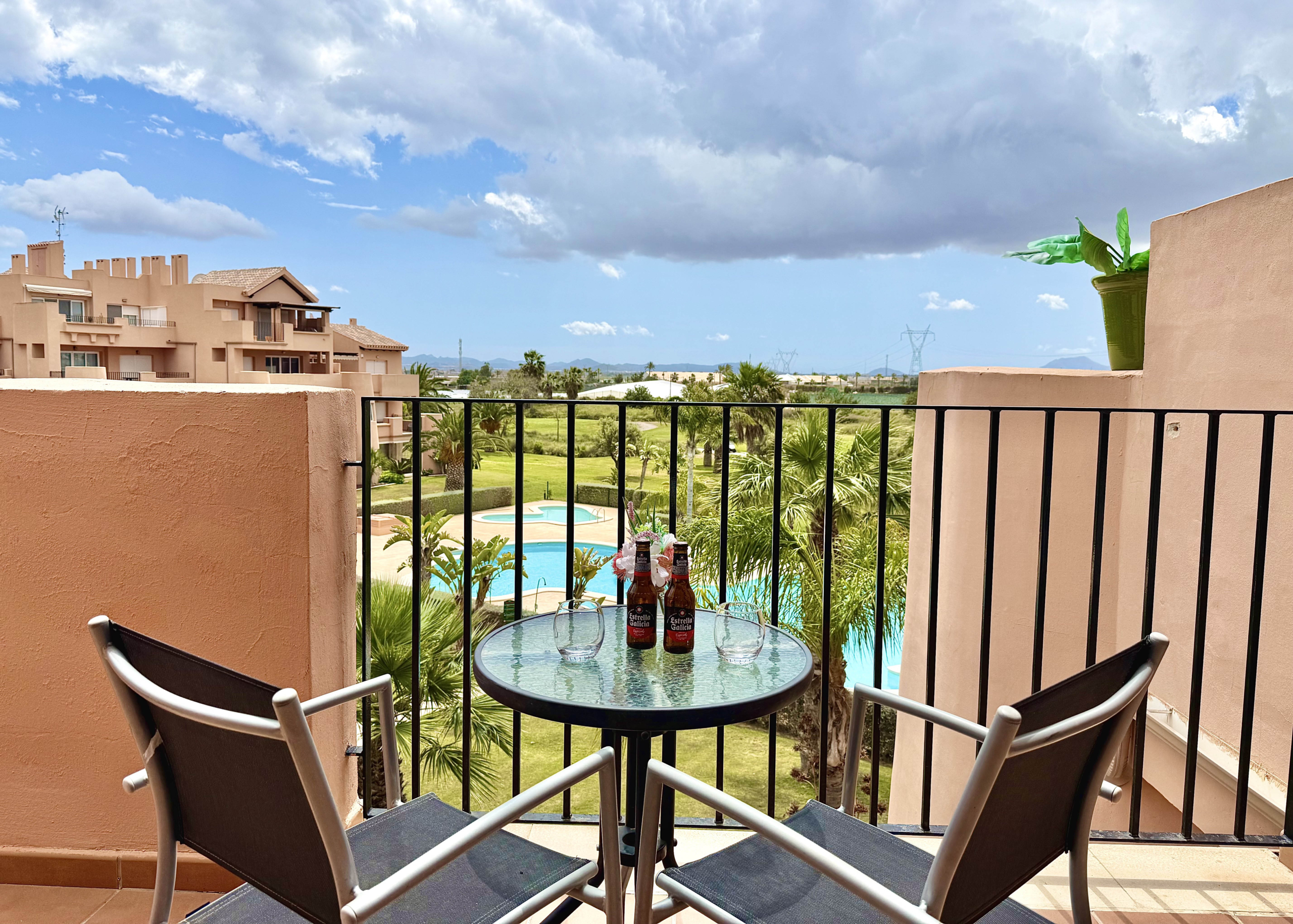 South-facing terrace with pool and golf views Mar Menor Golf Resort Levante Properties