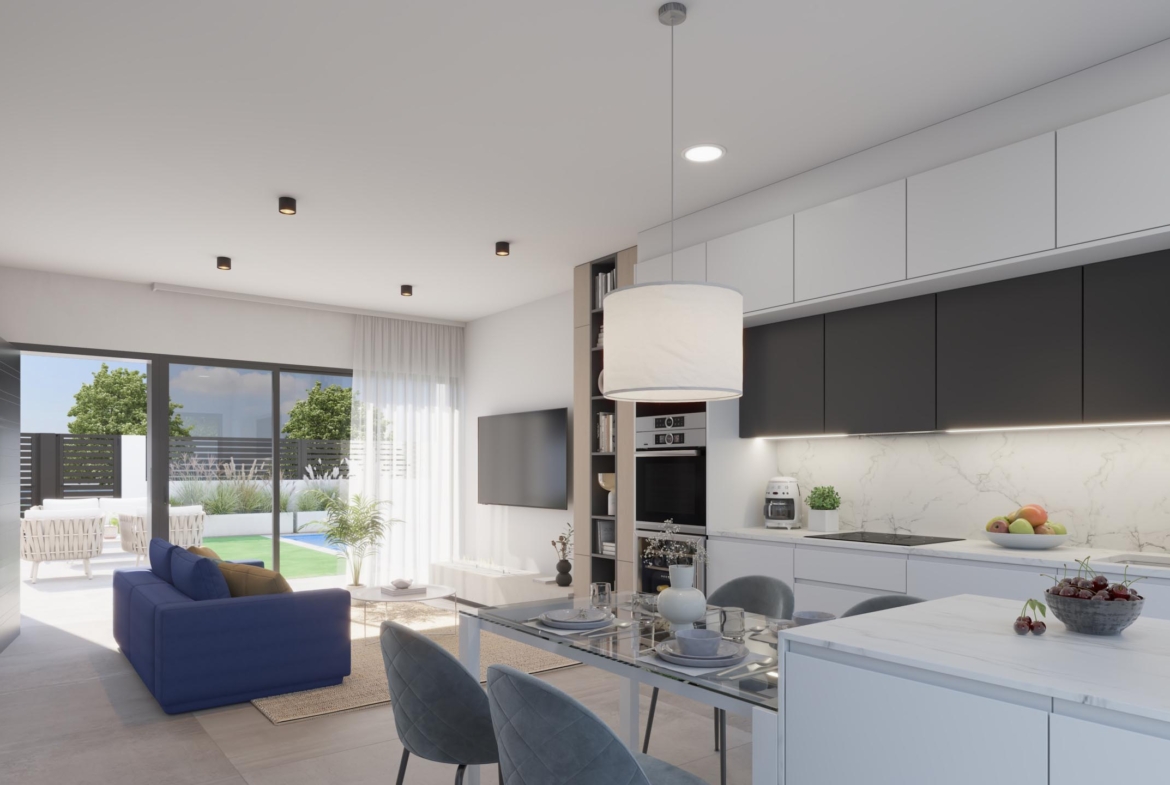 Open-plan lounge and dining area in L.A. Beach Villa Los Alcázares