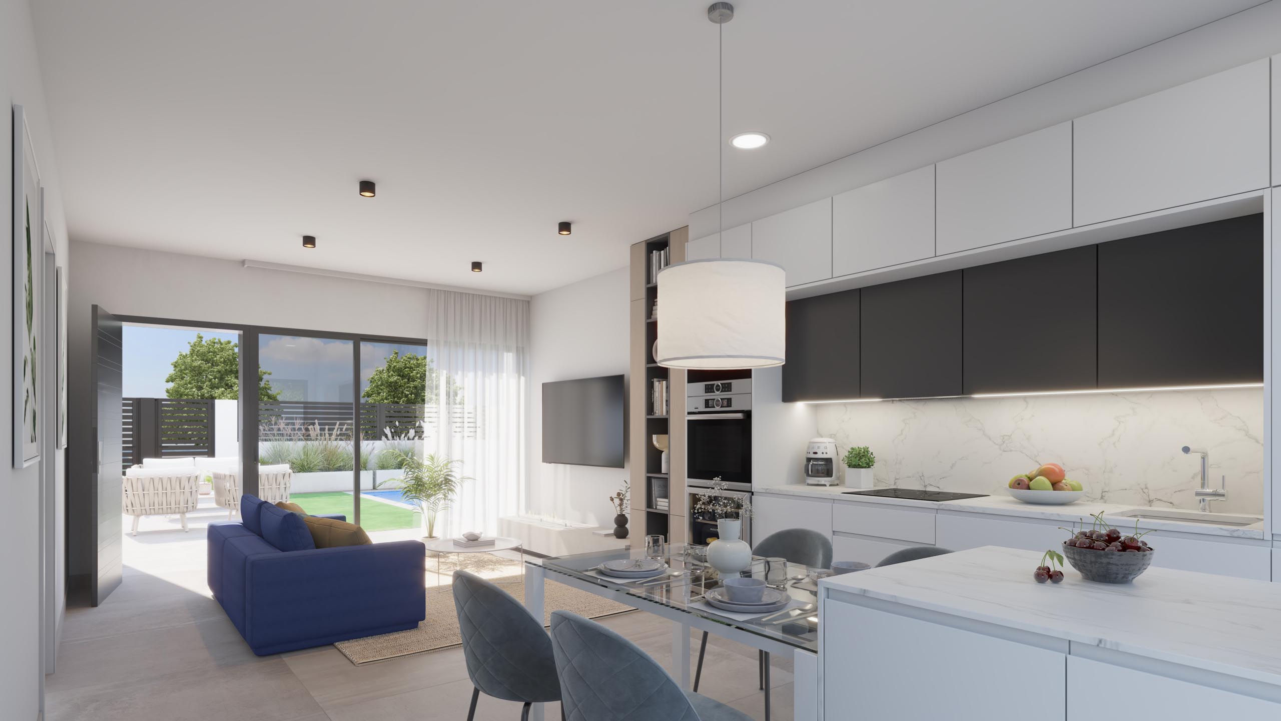 Open-plan lounge and dining area in L.A. Beach Villa Los Alcázares