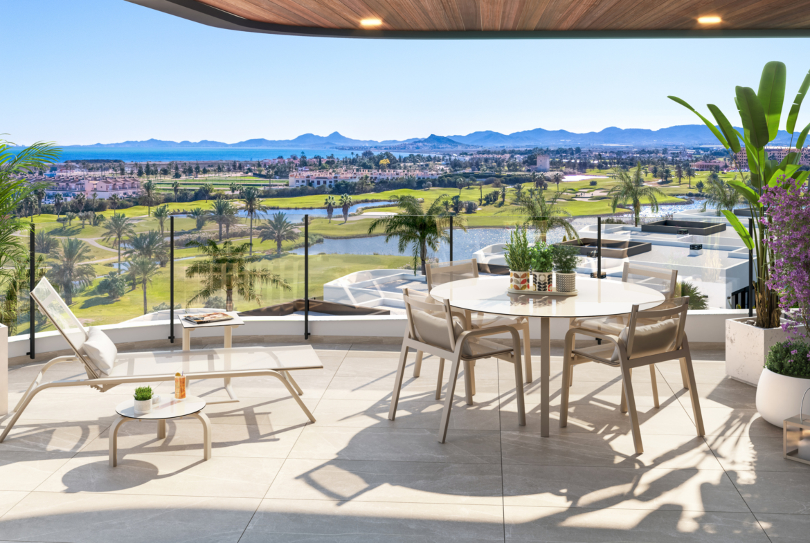 Golf-course view from terrace at Apartments La Serena Golf
