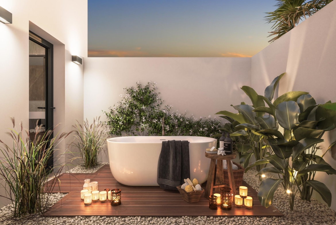 Modern outdoor bathroom in the garden of a La Serena Golf villa