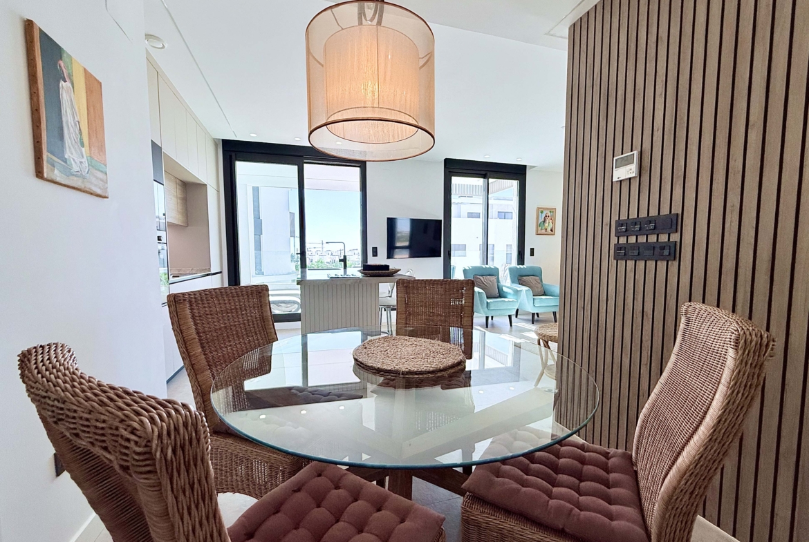 Open-plan living room inside Mirador apartment with terrace access