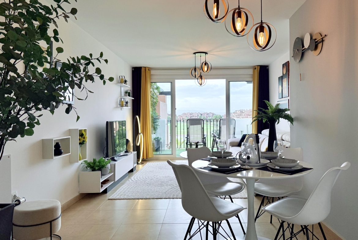 Contemporary living room in Mar Menor Golf Resort penthouse with terrace access