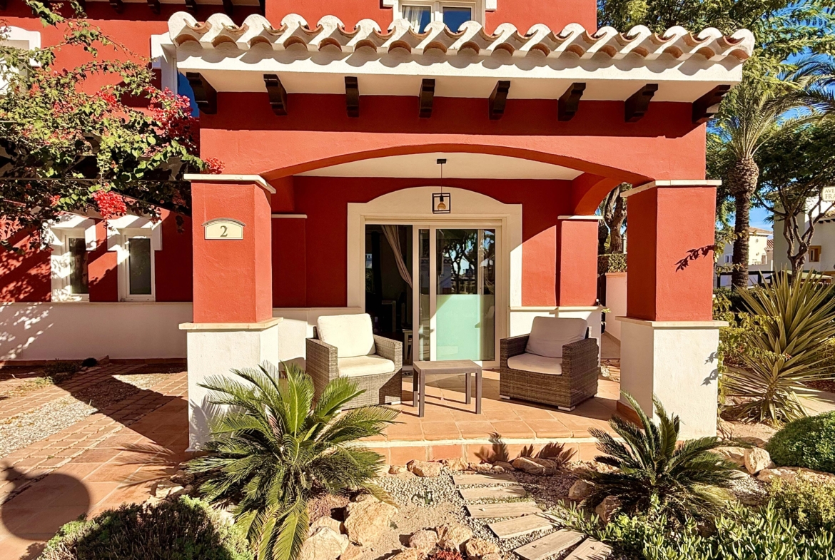 Front covered terrace with morning sun at the Isla Grosa villa on Mar Menor Golf Resort.