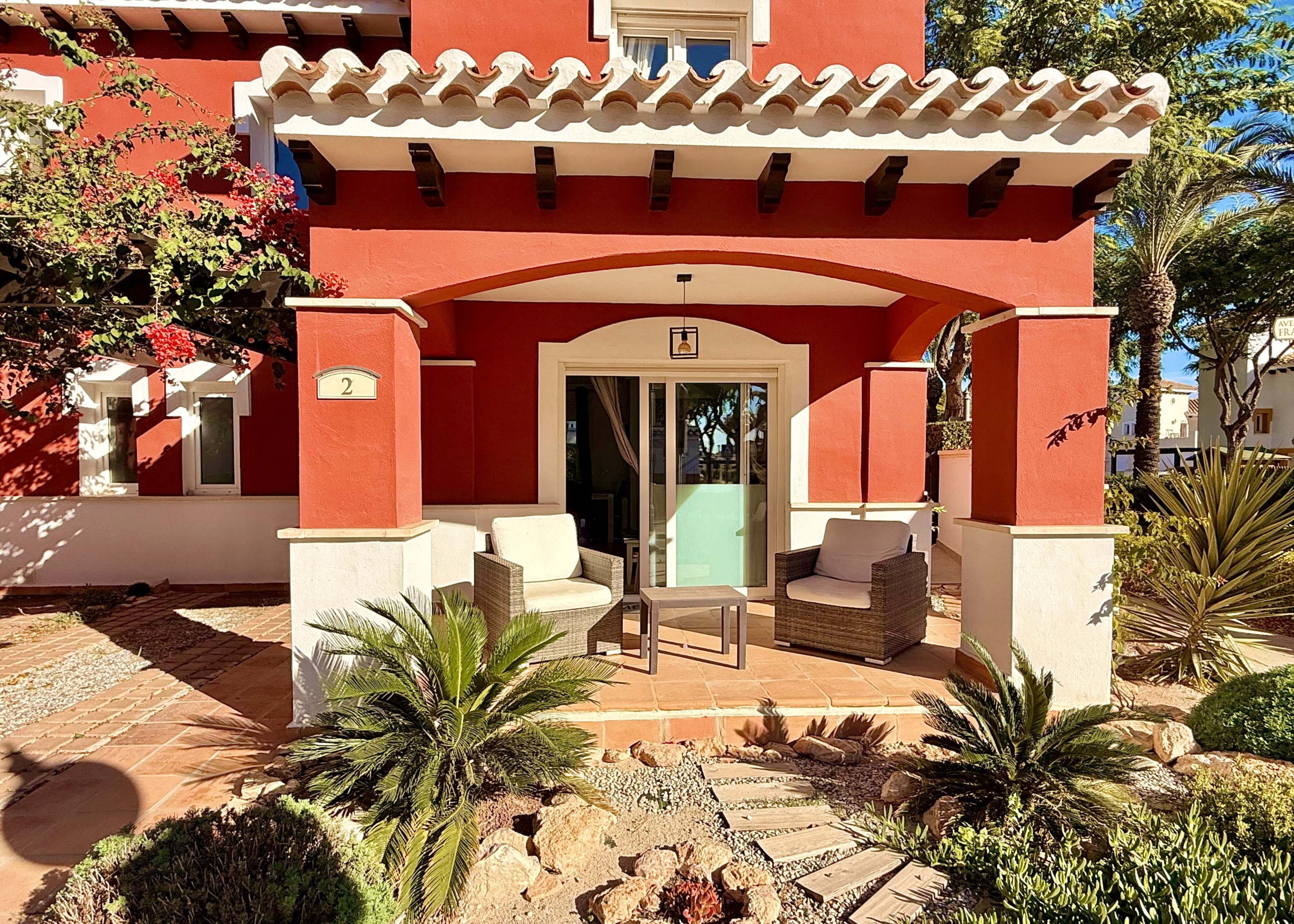 Front covered terrace with morning sun at the Isla Grosa villa on Mar Menor Golf Resort.