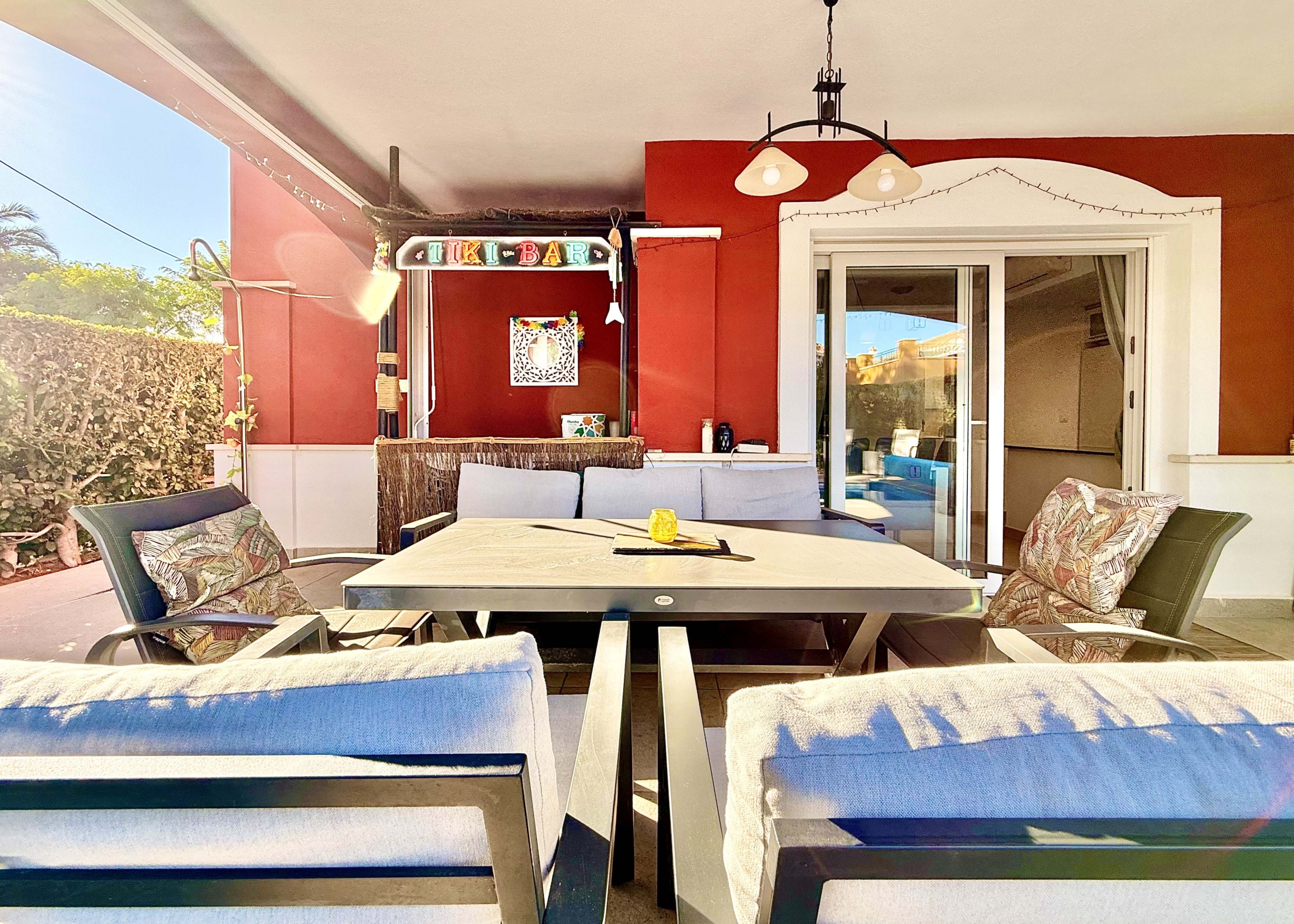 Rear covered terrace offering shaded afternoon space at the Isla Grosa villa on Mar Menor Golf Resort.