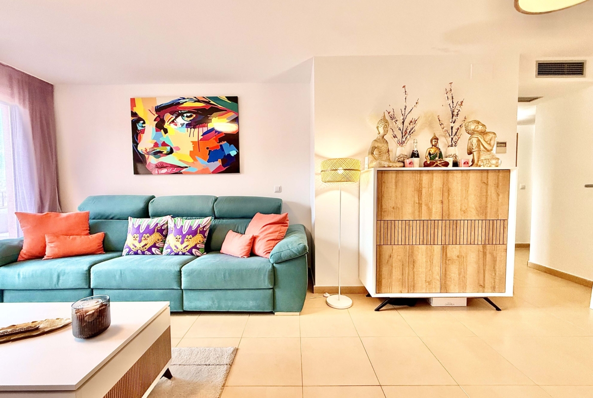 2-Bed Elegant Apartment bright open-plan living room with terrace access in a Levante Properties listing at Mar Menor Golf Resort.