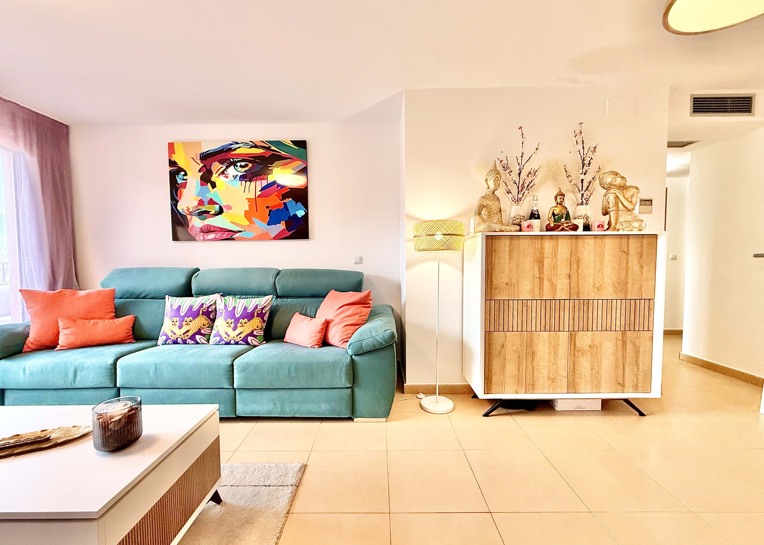 2-Bed Elegant Apartment bright open-plan living room with terrace access in a Levante Properties listing at Mar Menor Golf Resort.