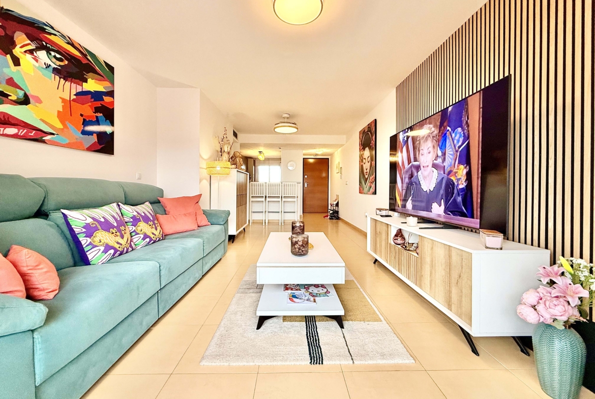 2-Bed Elegant Apartment bright open-plan living room with terrace access in a Levante Properties listing at Mar Menor Golf Resort.