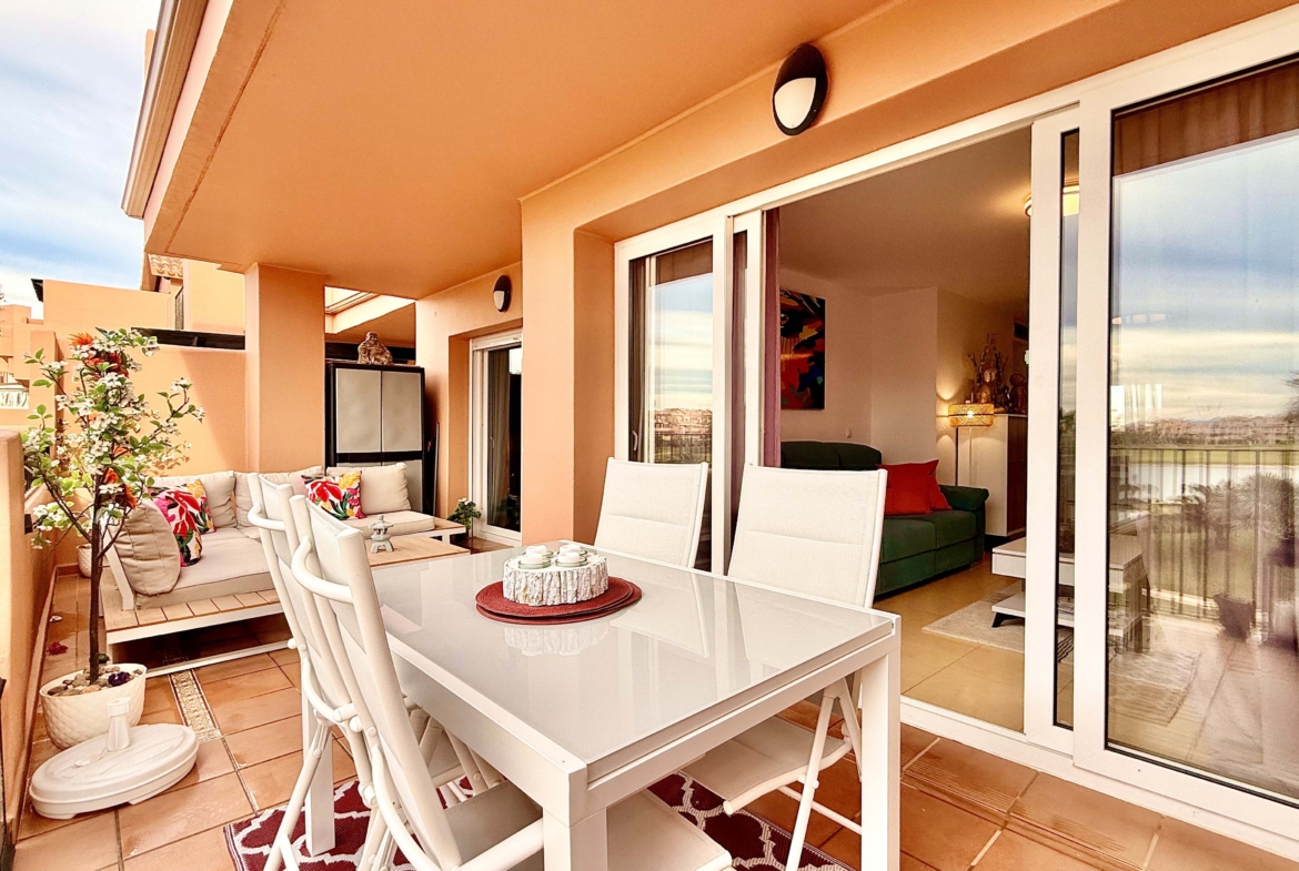 2-Bed Elegant Apartment terrace with stunning lake, golf and pool views at Mar Menor Golf Resort, listed by Levante Properties.