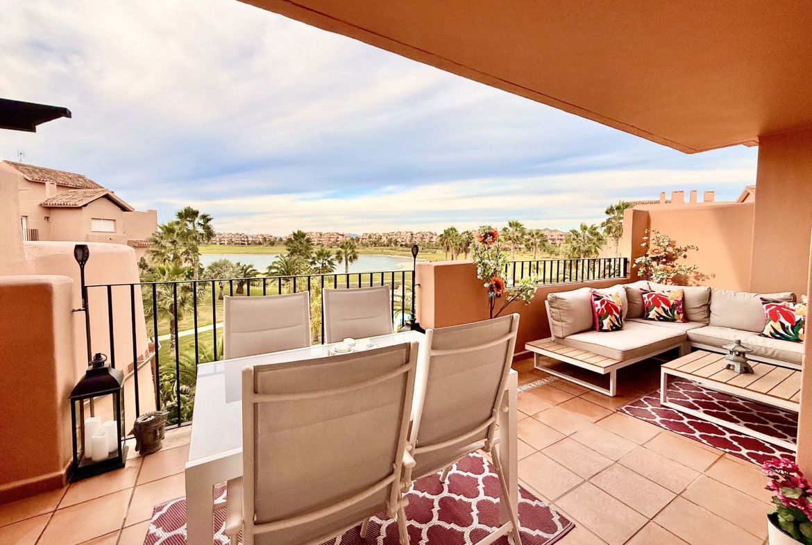 2-Bed Elegant Apartment with West-facing terrace overlooking lake, golf course and pool at Mar Menor Golf Resort by Levante Properties.