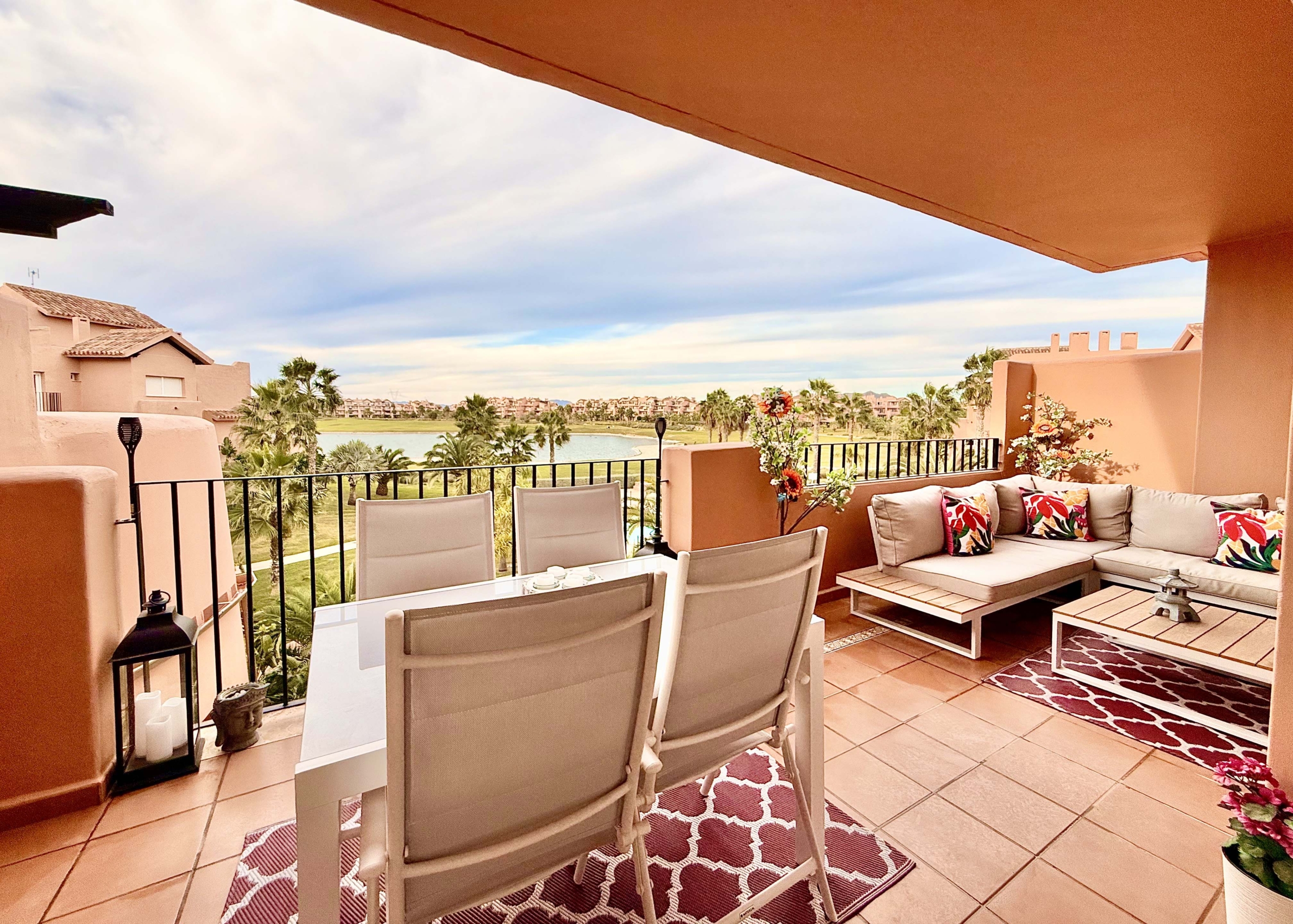 2-Bed Elegant Apartment with West-facing terrace overlooking lake, golf course and pool at Mar Menor Golf Resort by Levante Properties.