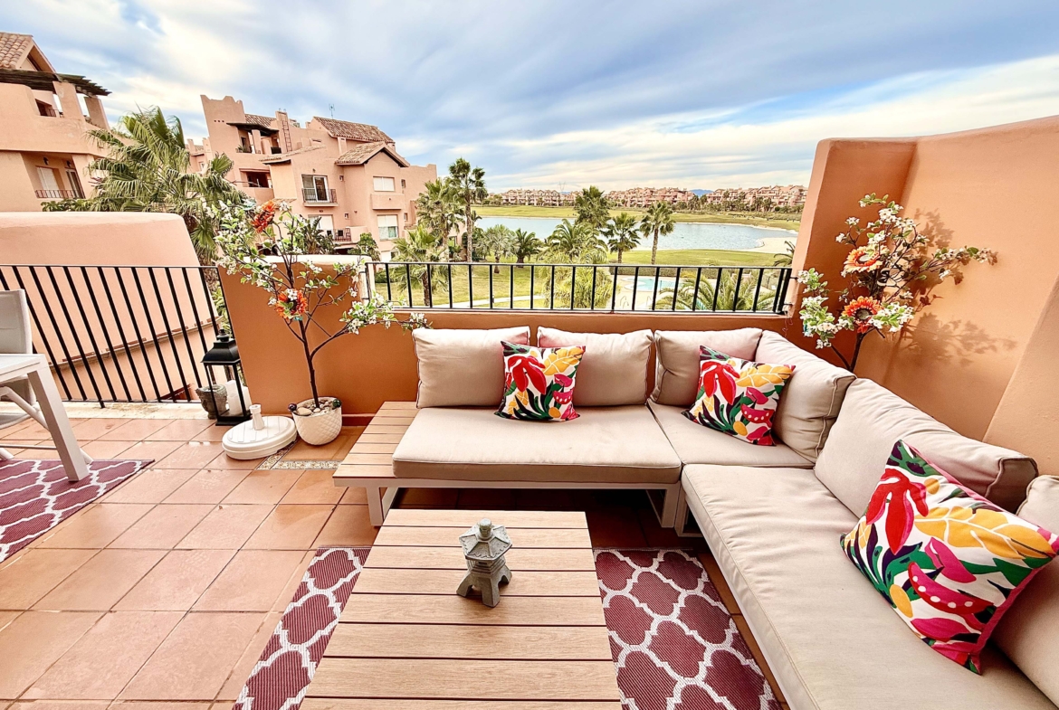 2-Bed Elegant Apartment with West-facing terrace overlooking lake, golf course and pool at Mar Menor Golf Resort by Levante Properties.