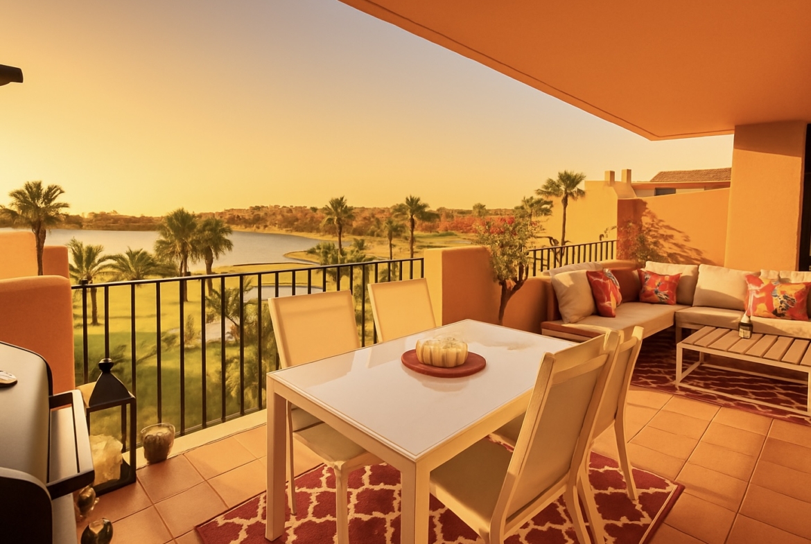 2-Bed Elegant Apartment with West-facing terrace overlooking lake, golf course and pool at Mar Menor Golf Resort by Levante Properties.