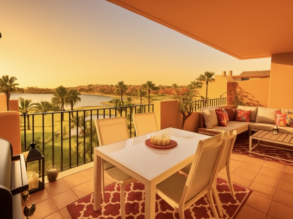 2-Bed Elegant Apartment with West-facing terrace overlooking lake, golf course and pool at Mar Menor Golf Resort by Levante Properties.