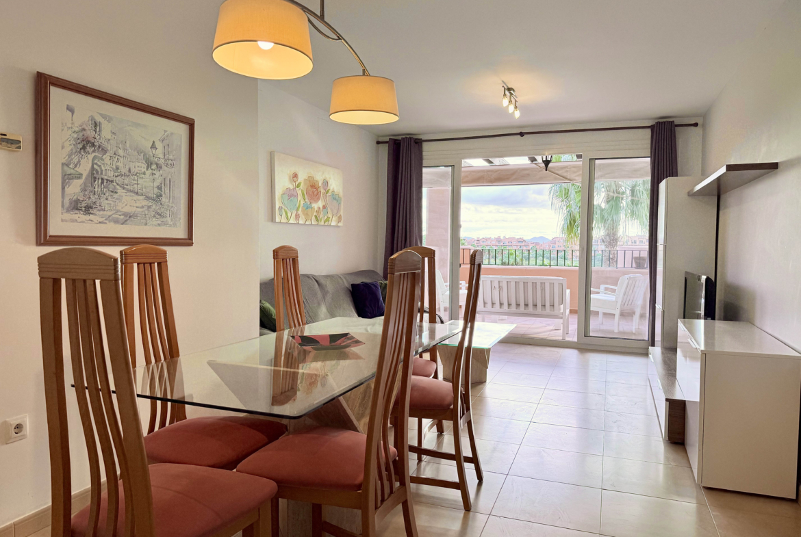 Open-plan living and dining area in a 2-Bed South Facing Apartment at Mar Menor Golf Resort by Levante Properties