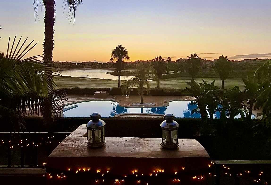 Terrace at sunset overlooking Mar Menor Golf Resort presented by Levante Properties