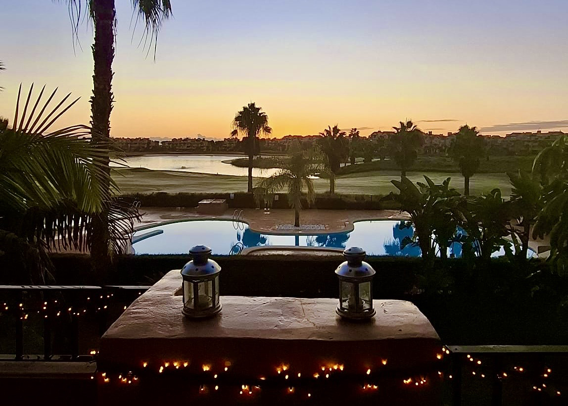 Terrace at sunset overlooking Mar Menor Golf Resort presented by Levante Properties