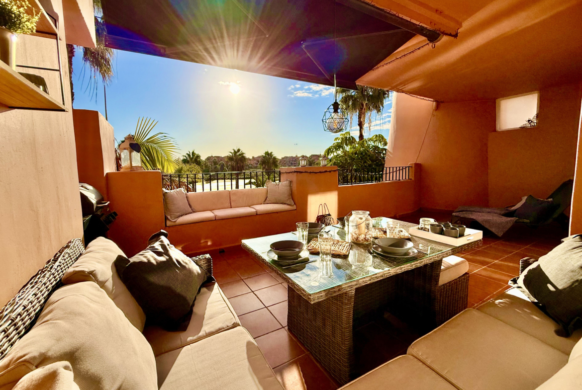 Main terrace with golf, pool and lake views at Mar Menor Golf Resort apartment by Levante Properties