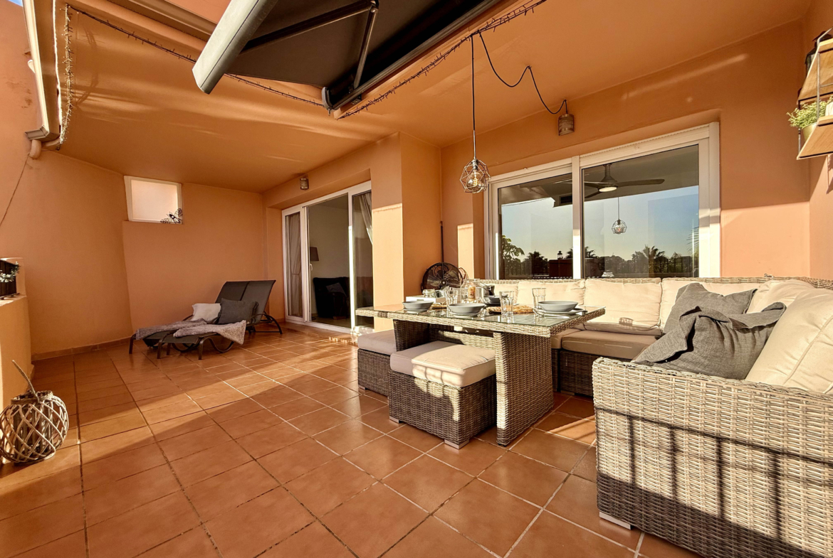 Main terrace with golf, pool and lake views at Mar Menor Golf Resort apartment by Levante Properties