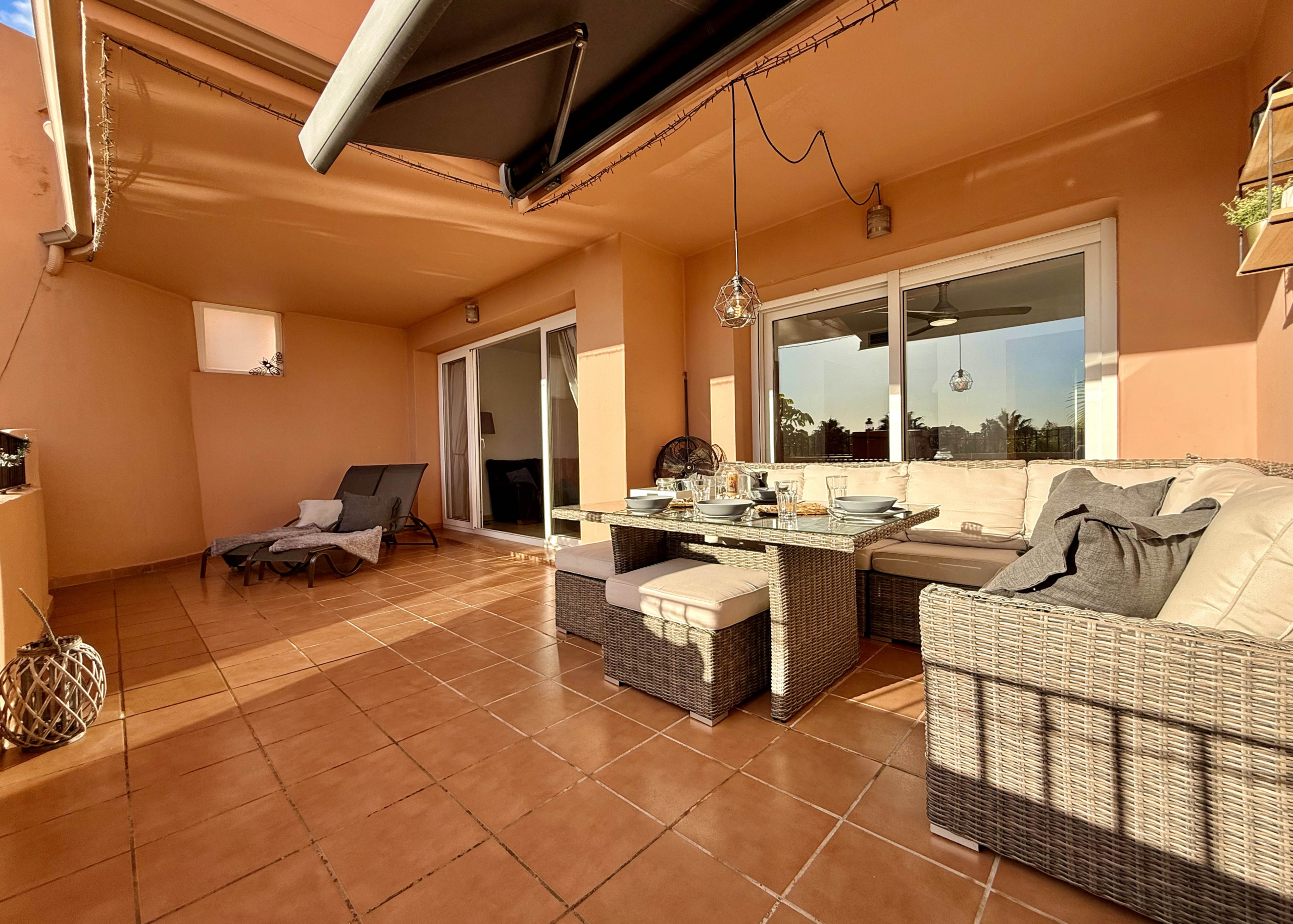 Main terrace with golf, pool and lake views at Mar Menor Golf Resort apartment by Levante Properties