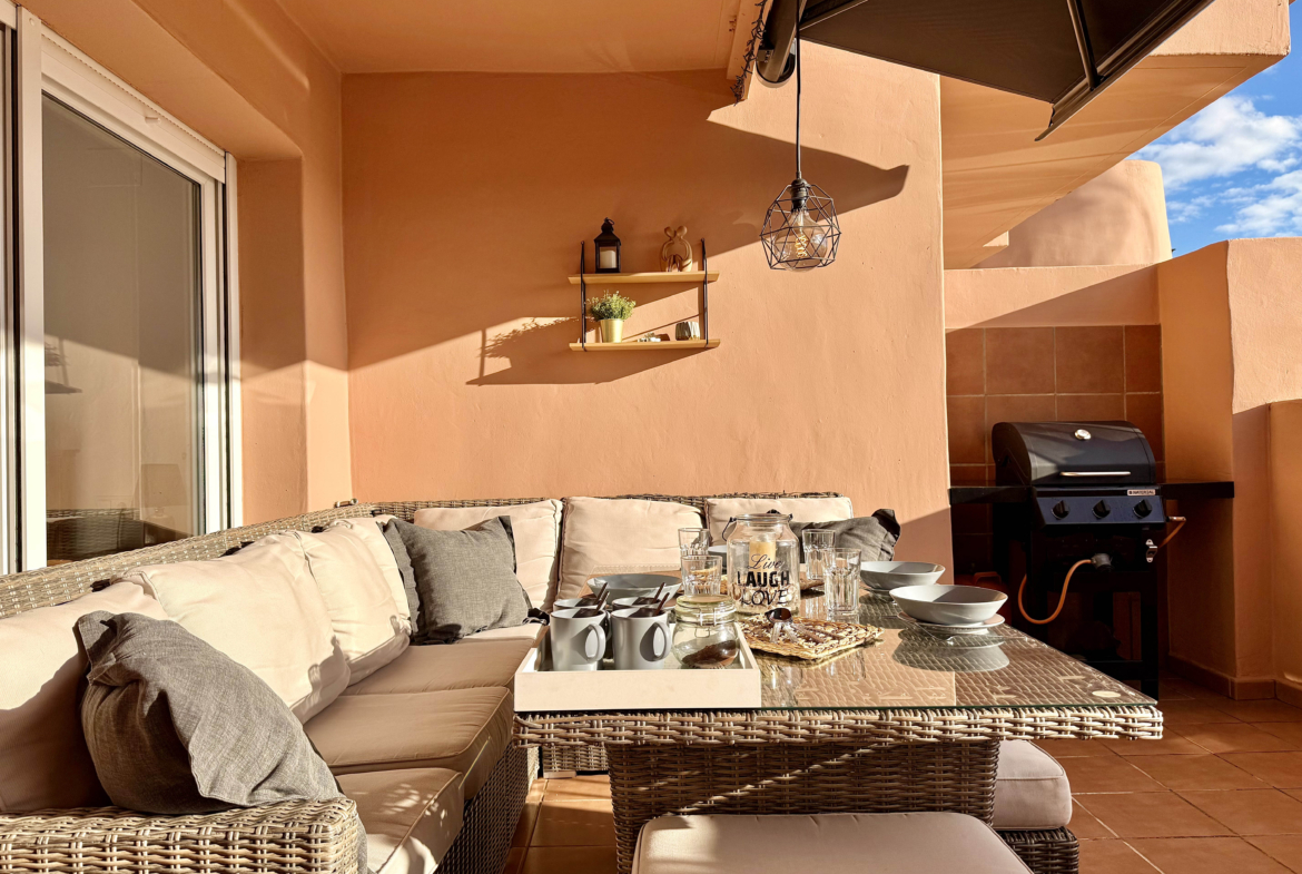 Main terrace with golf, pool and lake views at Mar Menor Golf Resort apartment by Levante Properties