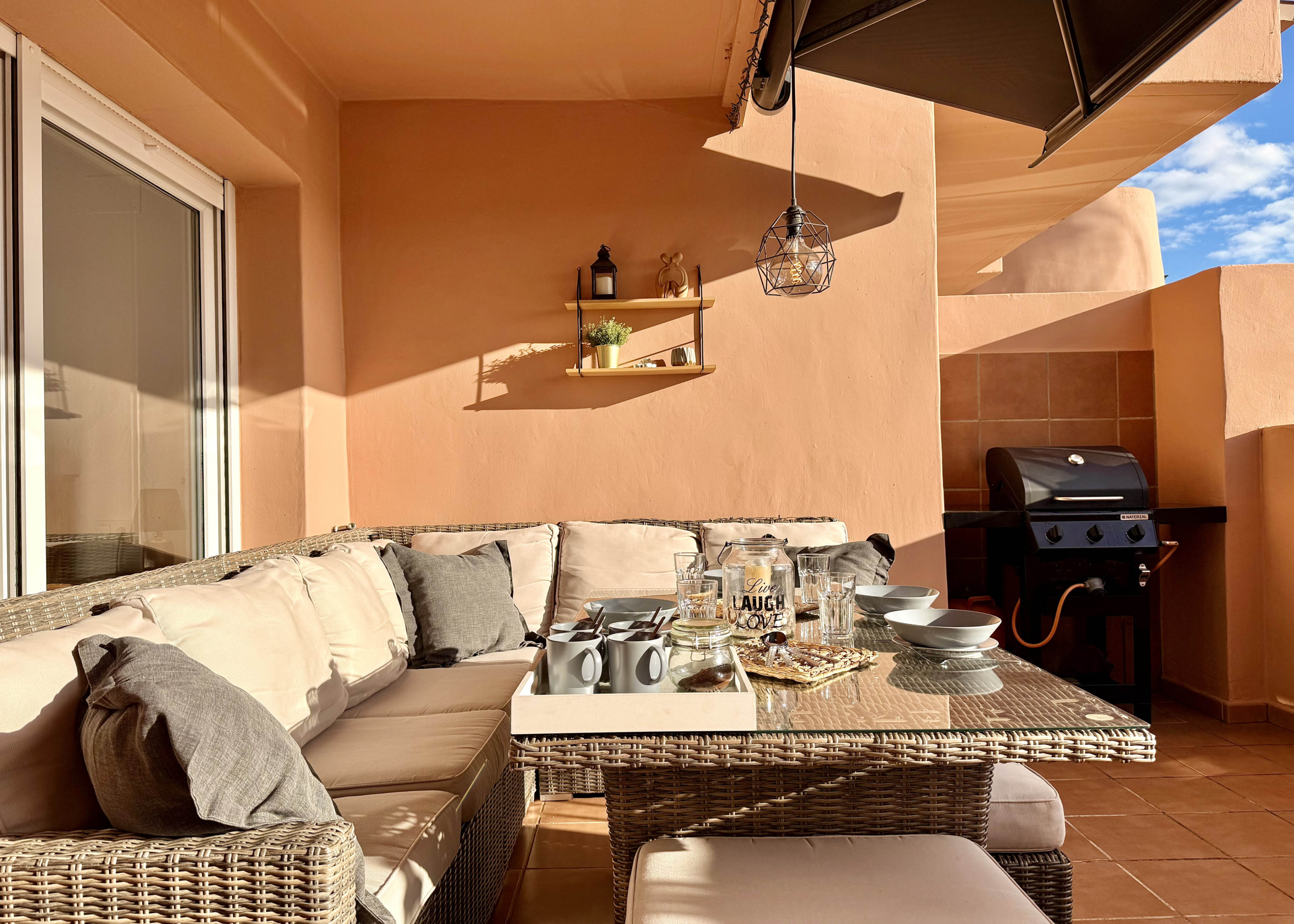 Main terrace with golf, pool and lake views at Mar Menor Golf Resort apartment by Levante Properties