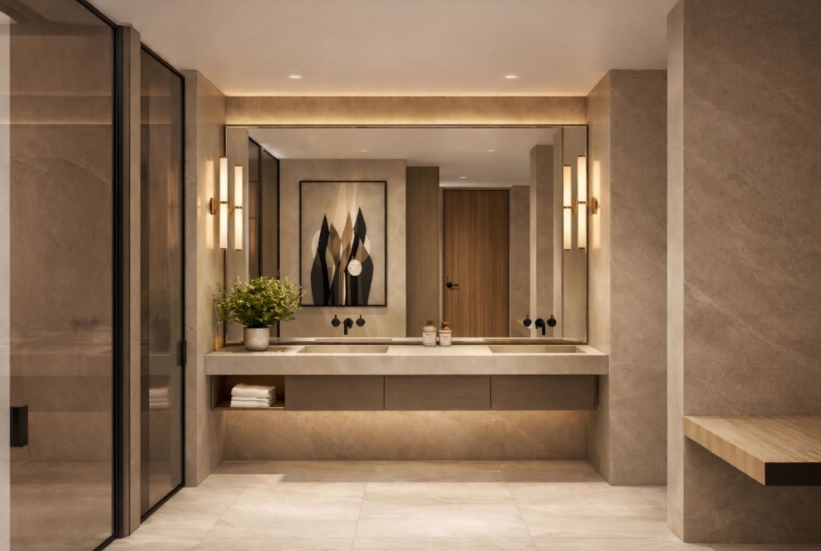 Contemporary luxury bathroom in frontline villa at Mar Menor Golf Resort by Levante Properties