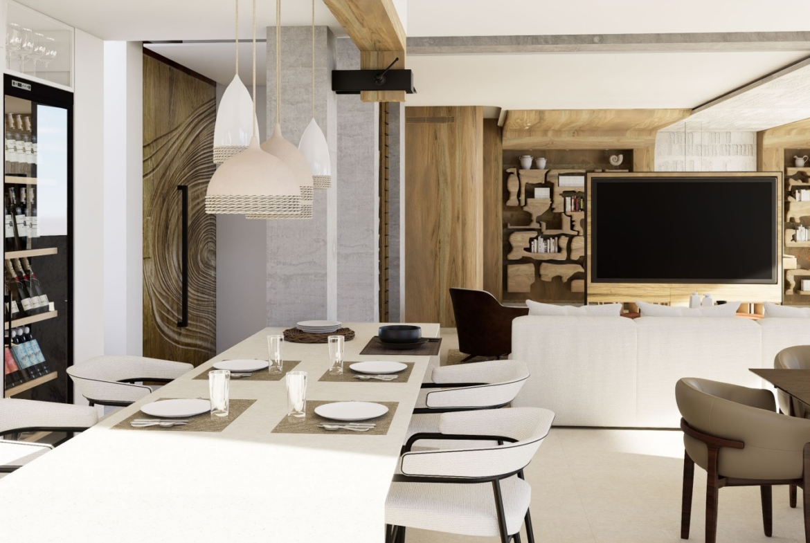 Luxury open plan kitchen and dining area in frontline villa at Mar Menor Golf Resort by Levante Properties
