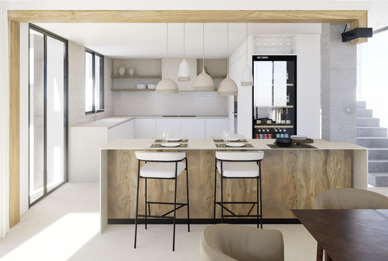 Luxury open plan kitchen and dining area in frontline villa at Mar Menor Golf Resort by Levante Properties