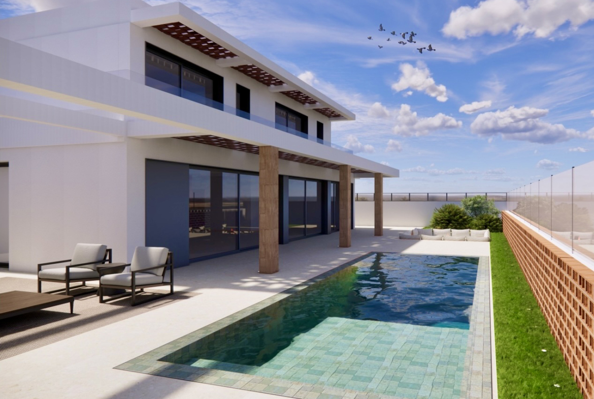 Luxury garden, patio and private swimming pool at frontline villa in Mar Menor Golf Resort by Levante Properties