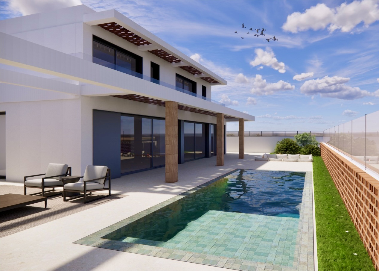 Luxury garden, patio and private swimming pool at frontline villa in Mar Menor Golf Resort by Levante Properties
