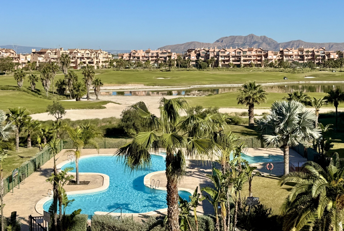 Pool and golf course views from penthouse at Mar Menor Golf Resort Levante Properties