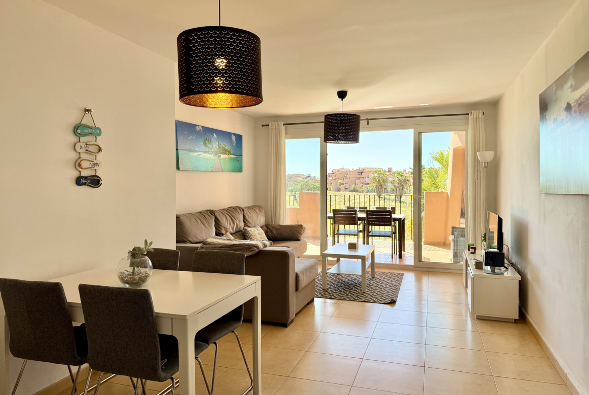 Bright open plan living area in Mar Menor Golf Resort apartment for sale by Levante Properties