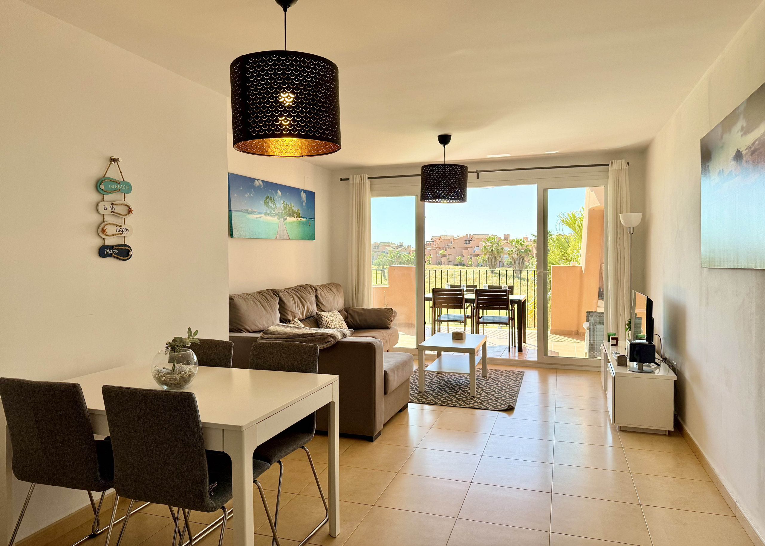 Bright open plan living area in Mar Menor Golf Resort apartment for sale by Levante Properties