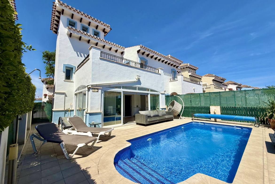 South Facing Isla Grosa Villa on Phase 1 of Mar Menor Golf Resort. 2 bedrooms, heated pool, modern interiors, terraces.