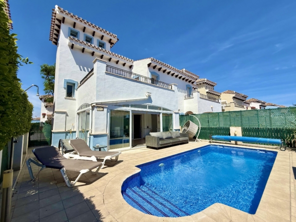 South Facing Isla Grosa Villa on Phase 1 of Mar Menor Golf Resort. 2 bedrooms, heated pool, modern interiors, terraces.