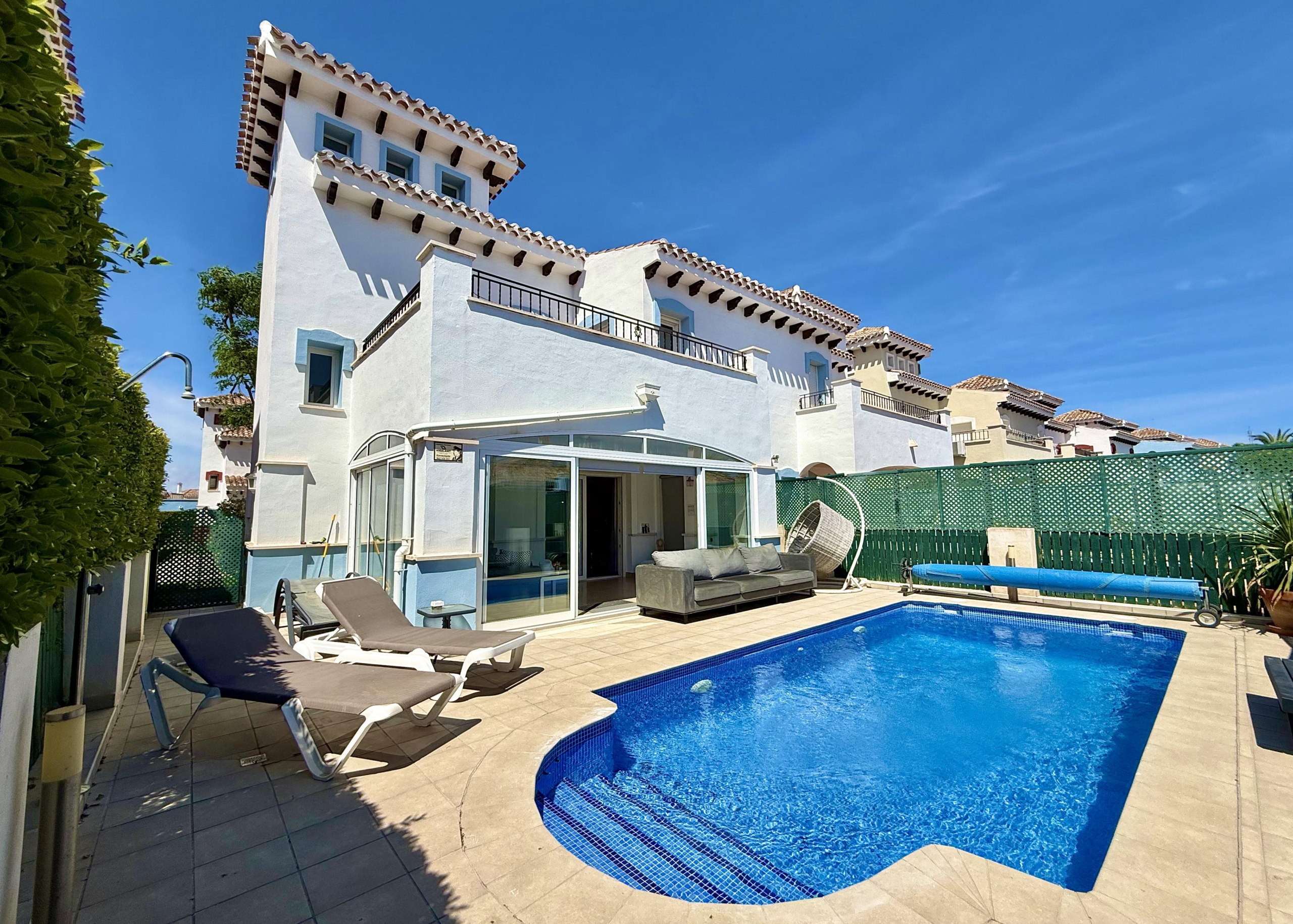 South Facing Isla Grosa Villa on Phase 1 of Mar Menor Golf Resort. 2 bedrooms, heated pool, modern interiors, terraces.
